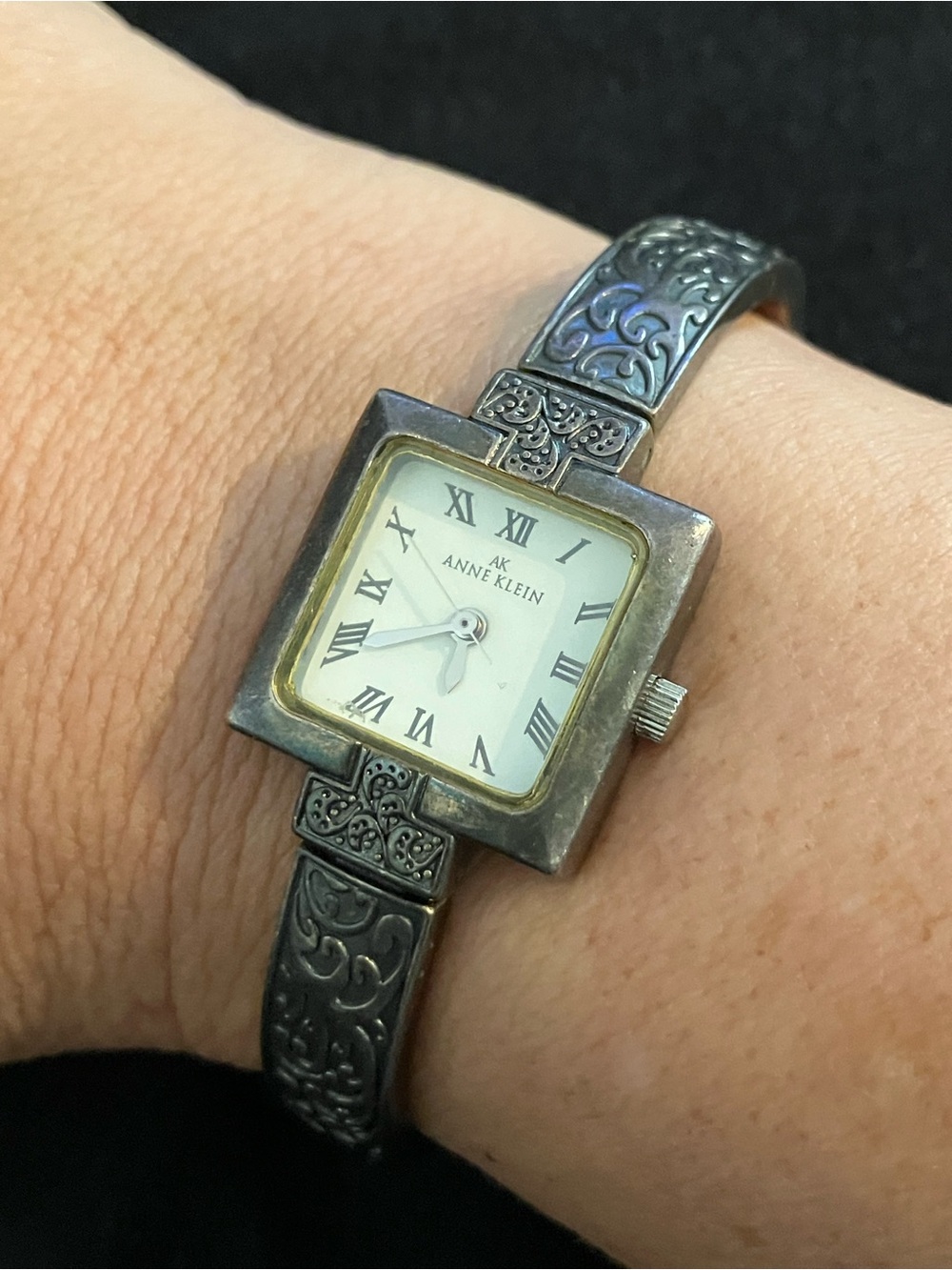 Anne Klein Silver Tone Engraved Square Dial Bracelet Watch